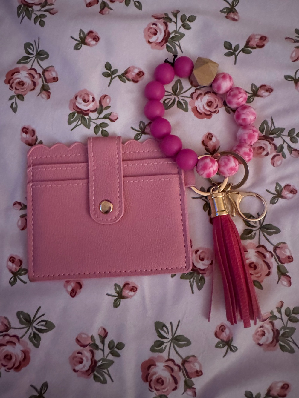 Pink Card Holder with Beaded Wristlet and Tassel Keyring